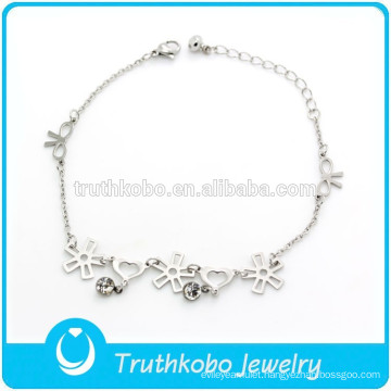 TKB-JB0011 Elegant beautiful flowers bows hearts chain silver 316L stainless steel charm bracelets for women
